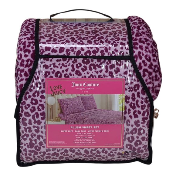Juicy Couture King Plush Sheet Set Leopard Print Ultra Plush & Cozy Purple - Picture 4 of 8